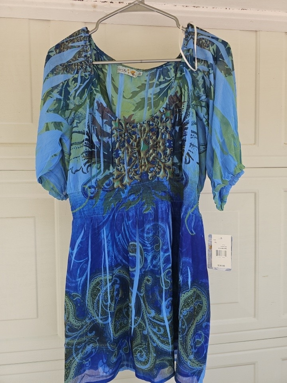 World Unity Women's XL Top Blue Multi Floral Abstract Short Sleeve Tunic Stretch
